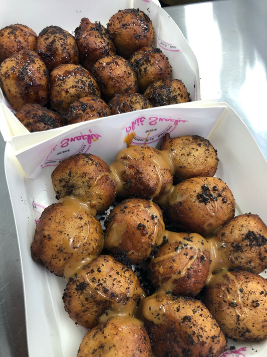 Oreo Sprinkle Puff-puff with caramel or chocolate sauce drizzle